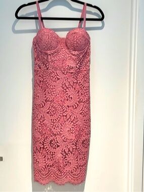 bebe Pink Lace Midi Bodycon Dress with Spaghetti Straps